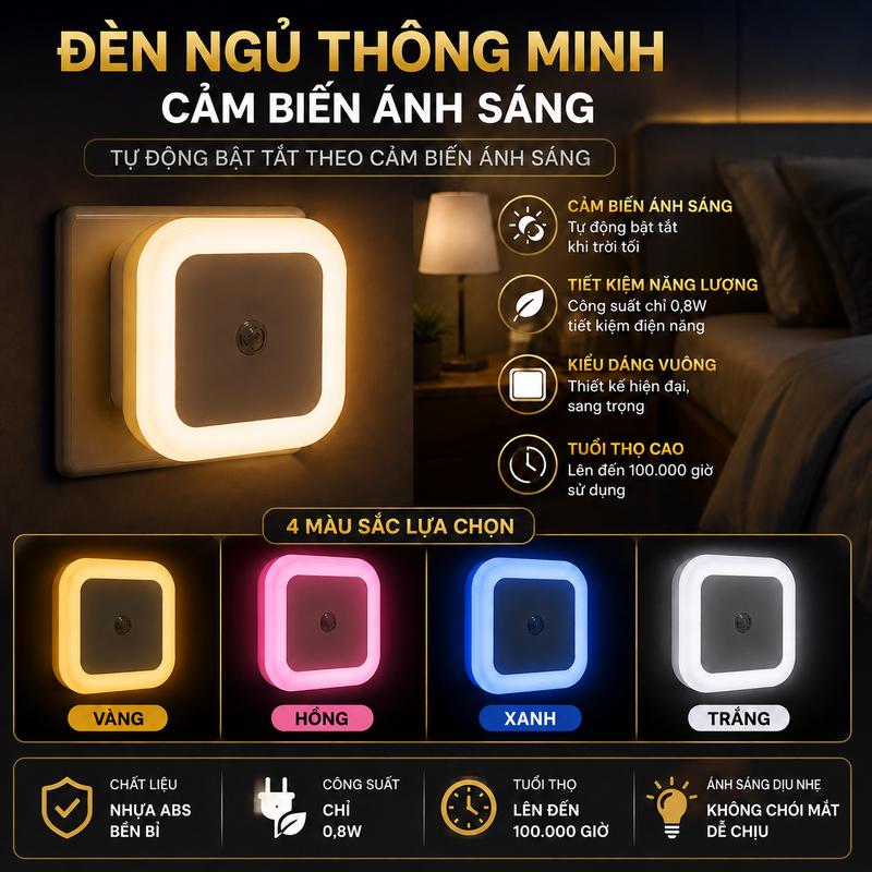 Đèn Ngủ Thông Minh Cảm Biến Ánh Sáng Có 4 Màu Sắc, Đèn Cảm Biến Bật Tắt Theo Ánh Sáng