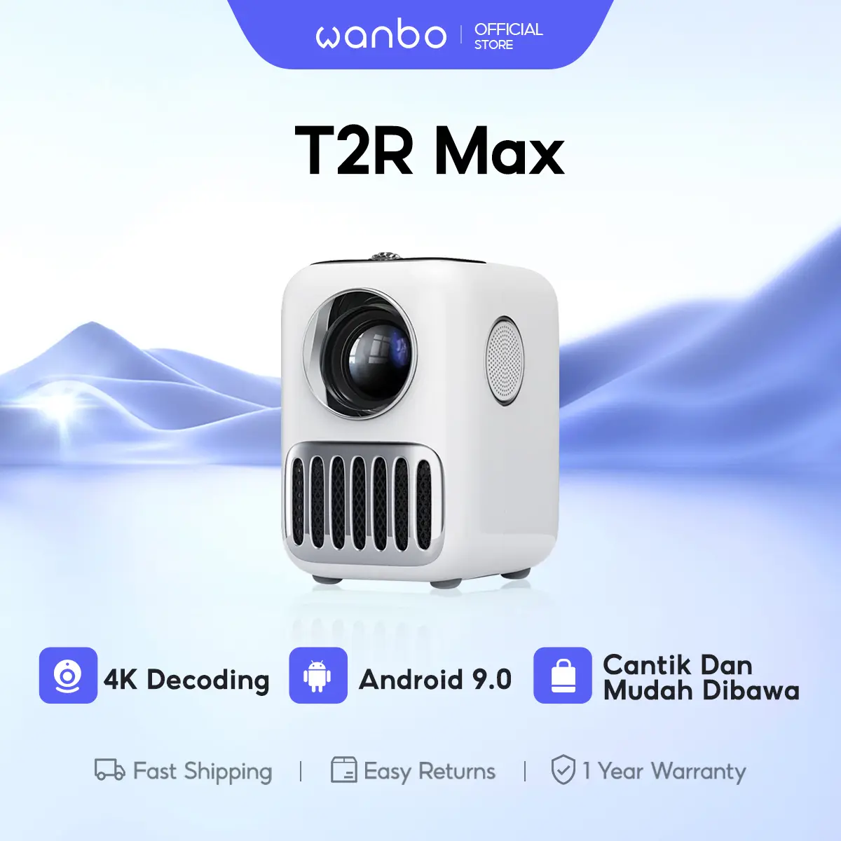 Wanbo T2R Max Smart Projector 350ANSI Lumens 1080P Android 9.0 Wanbo Portable Smart Proyektor 1+16G Jam Ponsel Led Putih Lcd