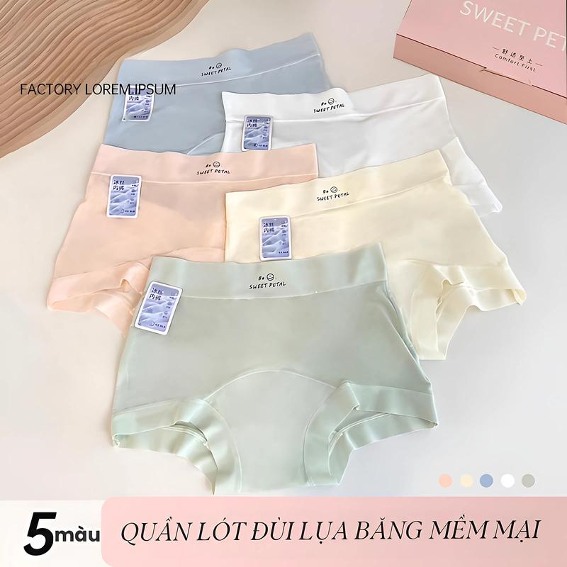 Hộp 5 Quần Lót Nữ Chất Lụa Băng Mềm Mại,Dạng Chip Đùi Mới+ Đũng Quần 10A Cải Tiến Trải Dài Cotton Thấm Hút