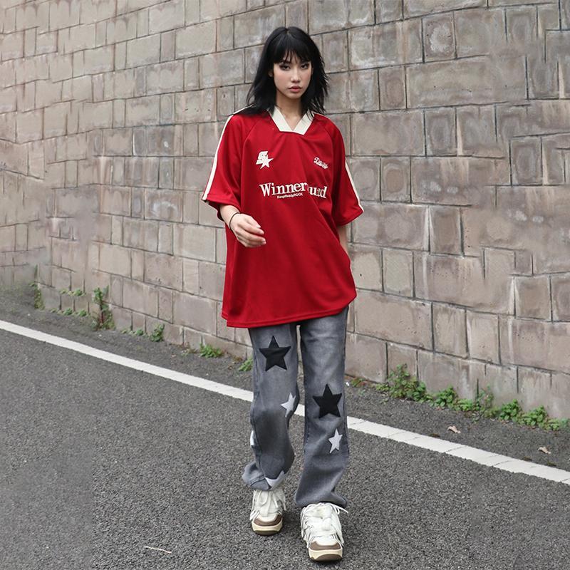 Product Introduction of Summer Heavy Embroidery American Retro V-neck Sports Casual Red Jersey Korean Short Sleeve Women's High Street Loose Couple T-shirt Fashion Brand Ins New Half Sleeve Men's Racing Clothes Top Black Basketball Shirt 24