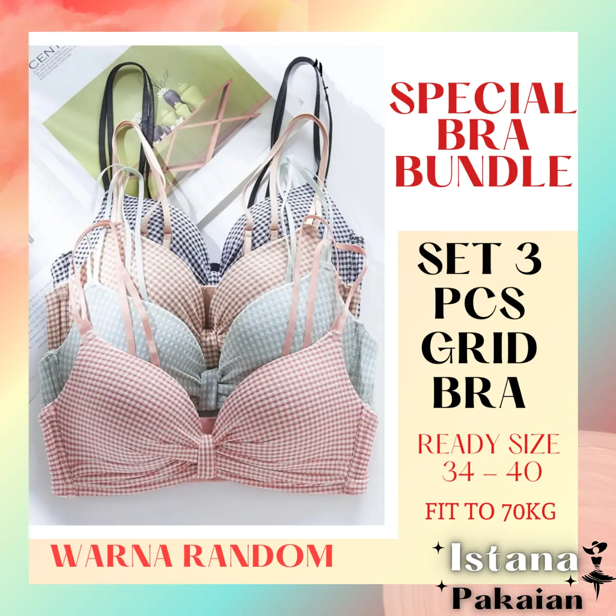 Istana -Dapat 3 Bra Jepang Wanita Push Up Motif Kotak Bh Nyaman  Dapat 3 Warna  Ready Size 36-40
