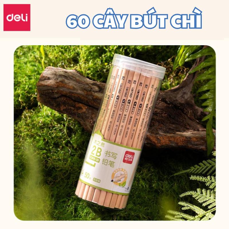 Combo 60 cây bút chì gỗ học sinh 2B HB Deli - Chì đen ăn máy chấm thi, phù hợp chép bài, tập viết, vẽ tranh, phác thảo cho học sinh, sinh viên, văn phòng - Mỗi hộp nhựa có 50 cây