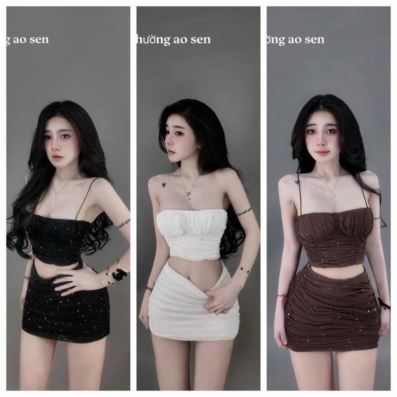 Sét Cá Tính Áo 2S Thun Đính Đá Bling Bling Phối Váy Ngắn Nhún drees