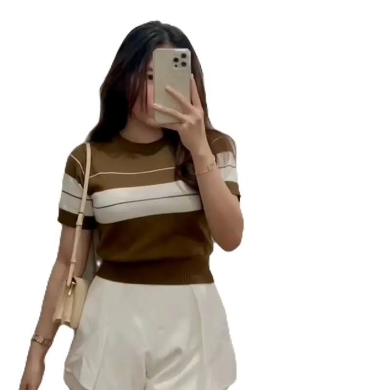 Atasan Kaos Crop Top Wanita Stripe / Baju Rajut Wanita Crop Knit / Casual Top Setrip Fit Tebal Pendek Cewek Garis Panjang 4