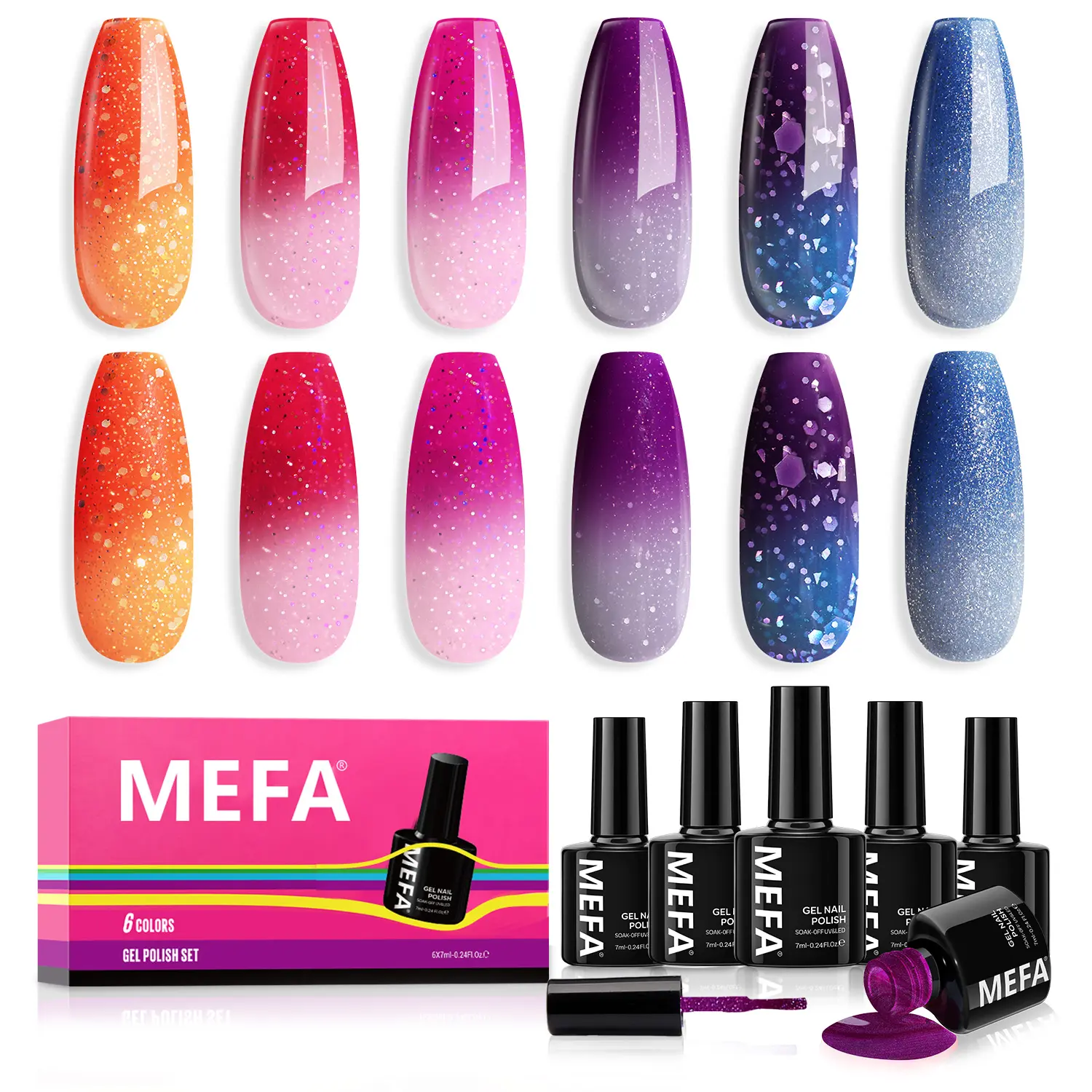 MEFA - Bộ sơn móng tay gel thay đổi màu sắc, 6 màu, long lanh, nhiệt độ, thay đổi tâm trạng, Xanh Biển , hồng, tím, đỏ, cam, thay đổi Ombre, ngâm tắt, bộ thiết kế Nail Art, làm móng tại nhà, DIY, quà tặng đặc biệt cho phụ nữ và trẻ em gái