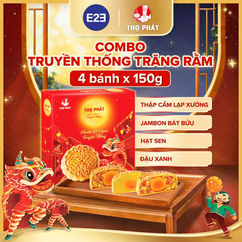 COMBO TRĂNG RẰM Set Hộp Bánh Trung Thu Thọ Phát 4 bánh, loại 1 Trứng - gồm vị: Thập Cẩm Lạp Xưởng 150g, Jambon Bát Bửu 150g, Hạt Sen 150g, Đậu Xanh 150g | E2E Thực Phẩm Đồ Ăn | Kido Group