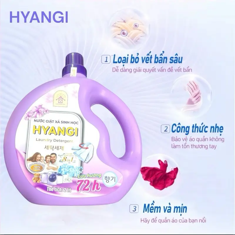 Nước giặt xả sinh học cao cấp HYANGI.Đậm đặc,sạch,thơm,diệt khuẩn,giữ màu,khử mùi hôi,tanh.Hàng chính hãng.2lit 3