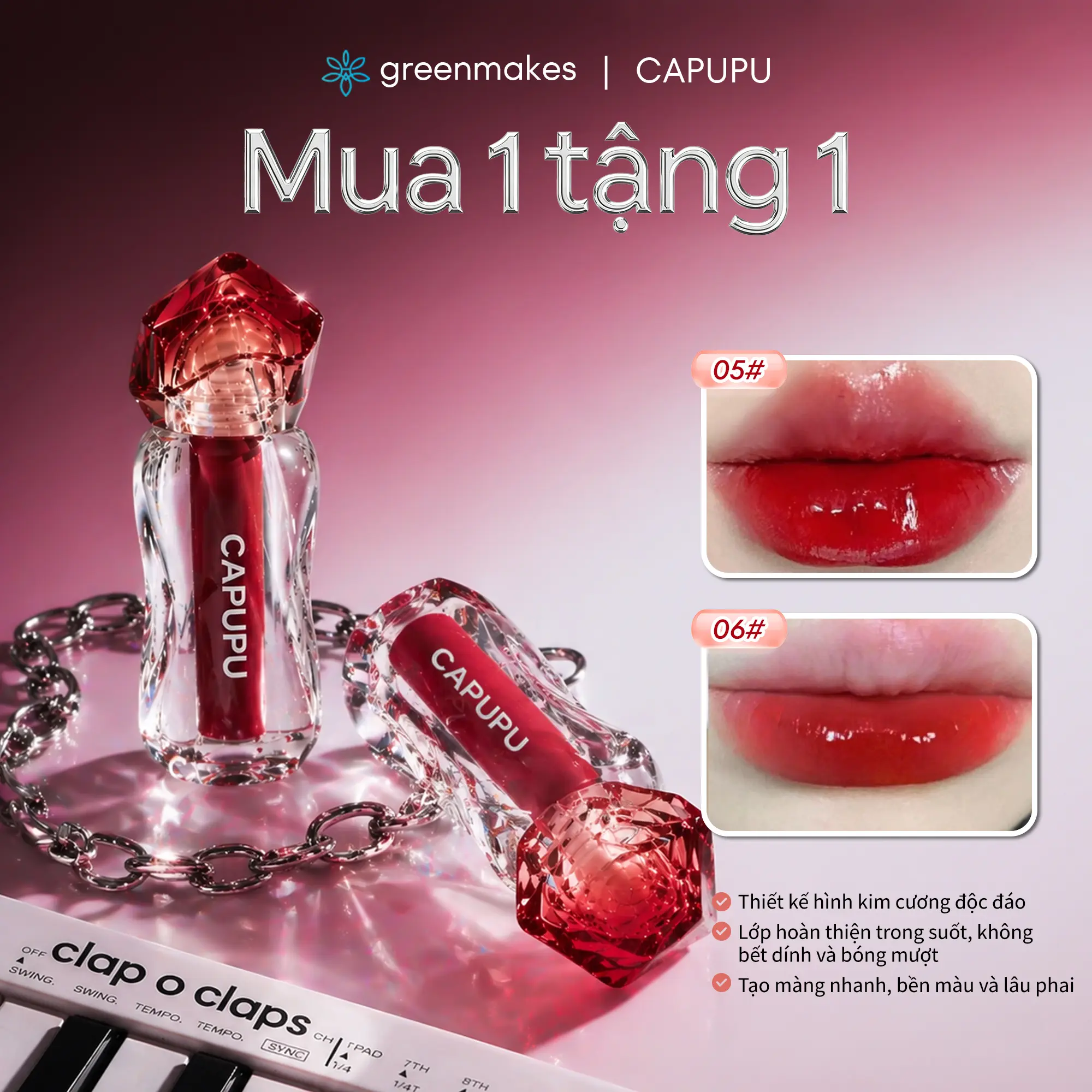 Mua 1 tặng 1 — CAPUPU H35 Son bóng gương – lớp hoàn thiện bóng pha lê, không dính và dưỡng ẩm, màu son bền lâu với hiệu ứng rạng ngời như sương mù