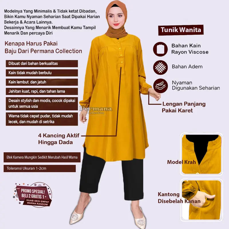Baju Tunik Atasan Wanita Jumbo Size Lengan Panjang Dewasa Kantong Muslim Rayon Katun Nyaman Remaja Oversize kemeja Kancing 1