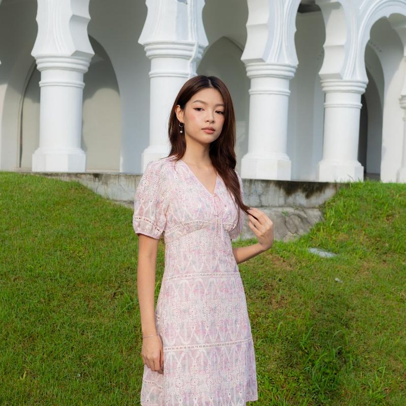 Callista Prints Embroidery Sleeve Dress In Pink 8