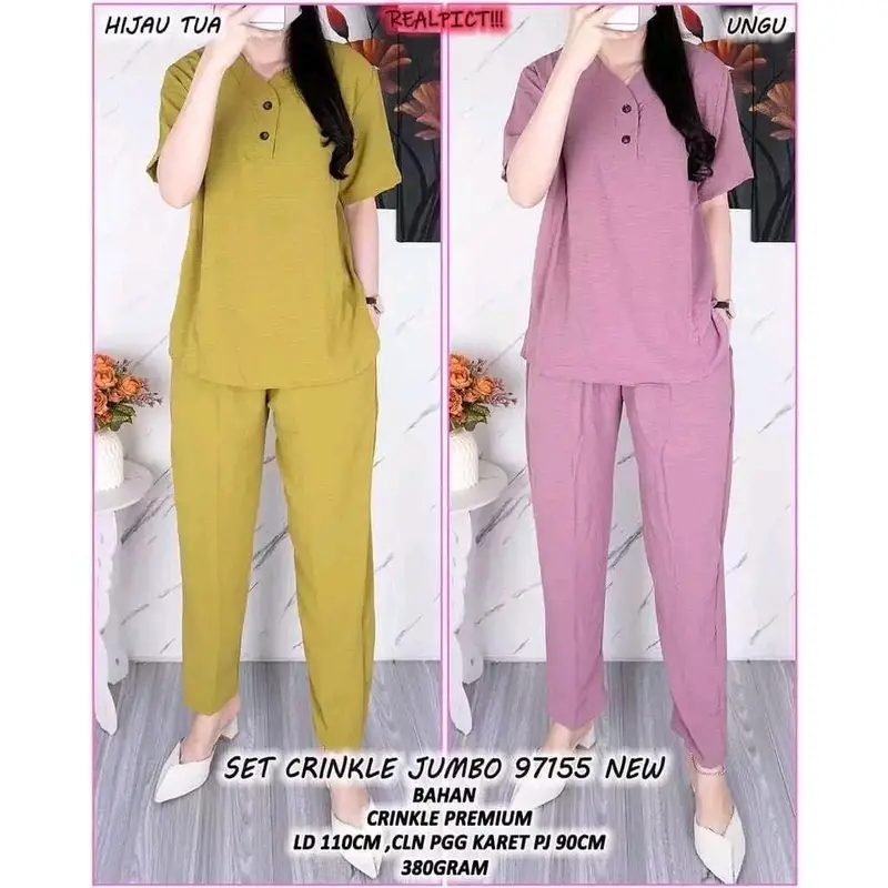Setelan crinkle wanita celana panjang lengan pendek/ one set wanita kekinian terlaris Airflow Baju Kancing 1