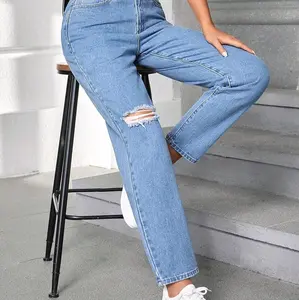 Celana Panjang Highwaist Boyfriend Jeans Wanita Sobek Lutut Koreans Style Nyaman Denim Cewek Dewasa