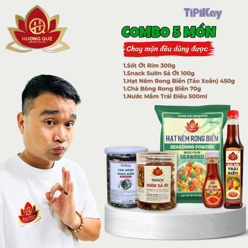 Combo 5 Món Nước Mắm Trái Điều 500ml + Sốt Ớt Rim 300g + Hạt Nêm Rong Biển 450g + Snack Sườn Sả Ớt 100g + Chà Bông Rong Biển 70g - TiPiKay Shop