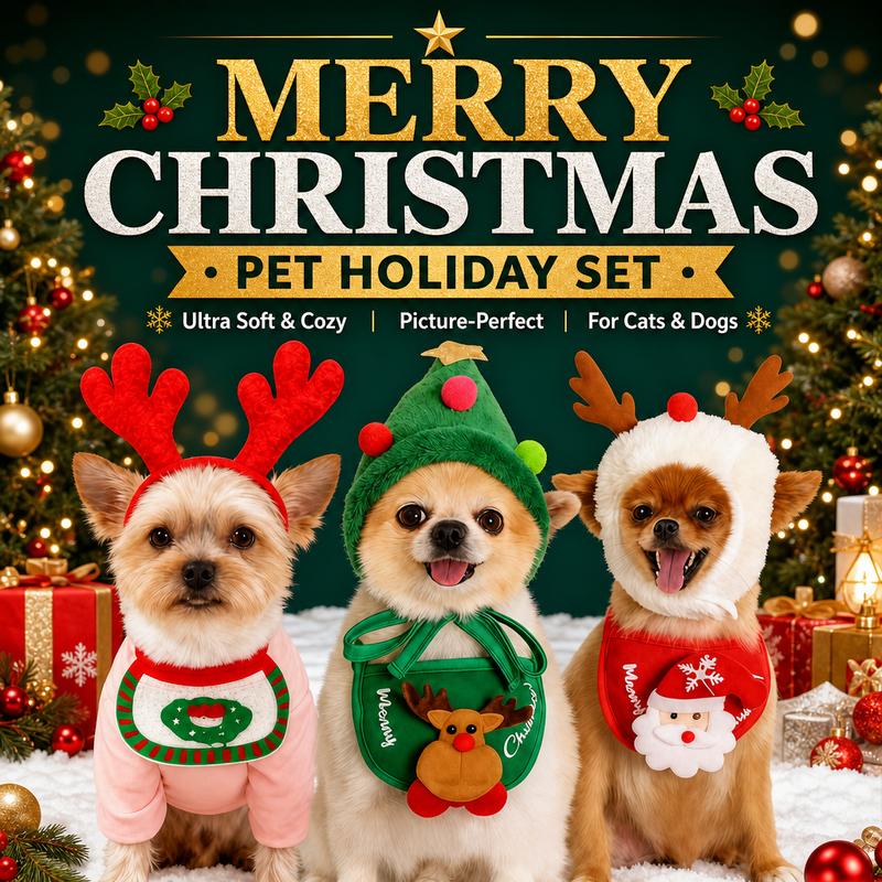 Bộ mũ và phụ kiện đội đầu cho thú cưng theo chủ đề Giáng Sinh, với hình voi reindeer dễ thương, mũ hình cây thông Giáng Sinh và khăn quàng cổ kiểu ông già Noel. Phụ kiện lễ kỷ niệm cho chó và mèo, phù hợp làm quà tặng và phụ kiện thú cưng.
