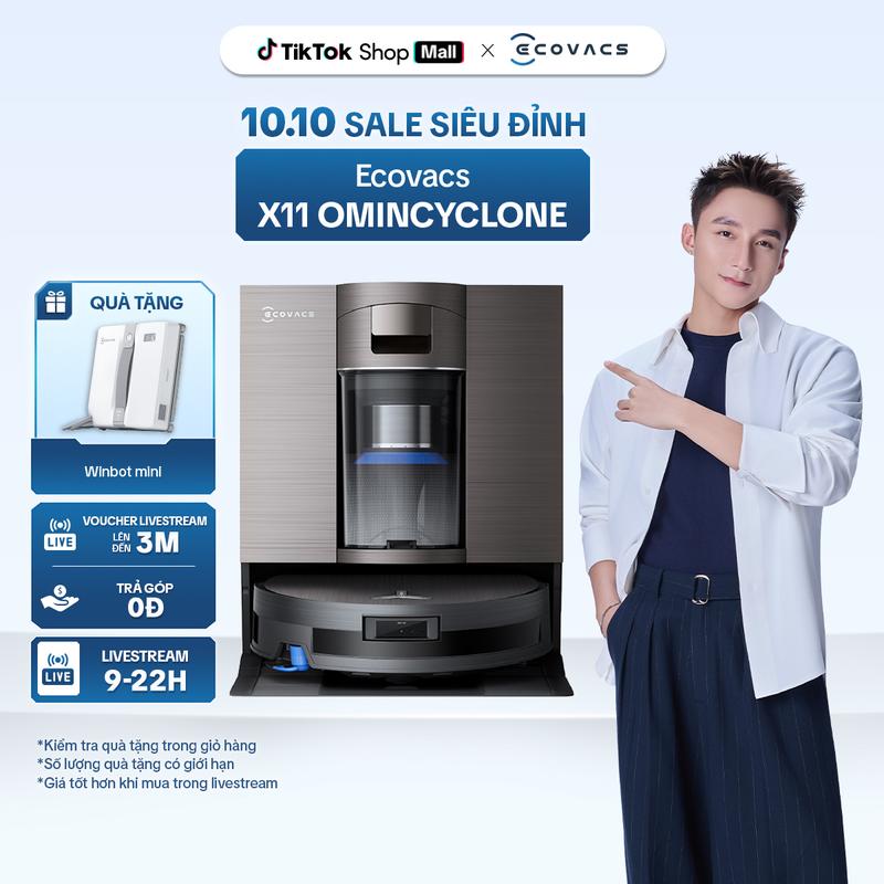 Robot hút bụi lau nhà Ecovacs DEEBOT X11 OmniCyclone - Lực hút tối đa 19.500Pa - AI Stain Detection 2.0 - ZeroTangle 3.0 Ecovacs DEEBOT X11 OmniCyclone - Lực hút tối đa 19.500Pa - AI Stain Detection 2.0 - ZeroTangle 3.0