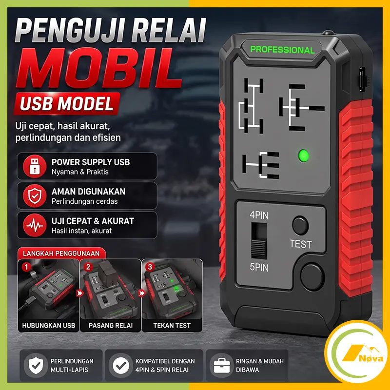 AXISMAX Alat Tes Relay Mobil USB Portable Universal Relay Tester 4 Pin 5 Pin Detector Otomotif dengan Indikator LED Profesional