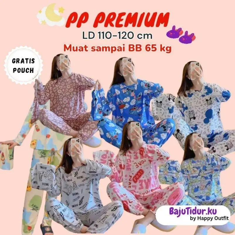 Baju Tidur Setelan Wanita Celana Panjang Lengan Panjang Gratis Pouch Fit Motif Lucu Piyama 1