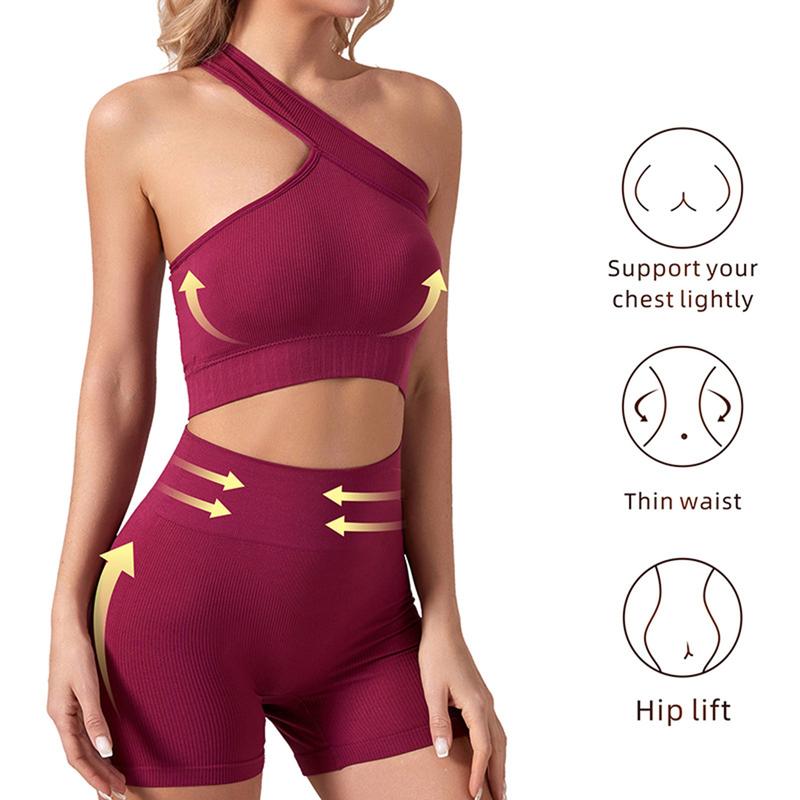 Bộ Đồ Tập Gym Không Đường May Cho Nữ, 2 Món, Yoga, Áo Ngực Thể Thao, Áo Crop Top, Quần Đùi Cạp Cao, Trang Phục Tập Thể Dục, Quần Áo Tập Luyện 8