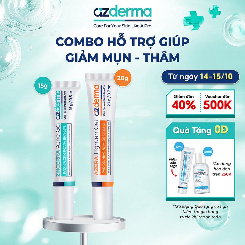 [ AZDVN 1 ] Combo hỗ trợ giúp giảm thâm, mụn Bao Gồm Azderma Zincerra Acne Gel - Gel hỗ trợ giúp mờ thâm sau mụn Azderma Azera Lighten Gel