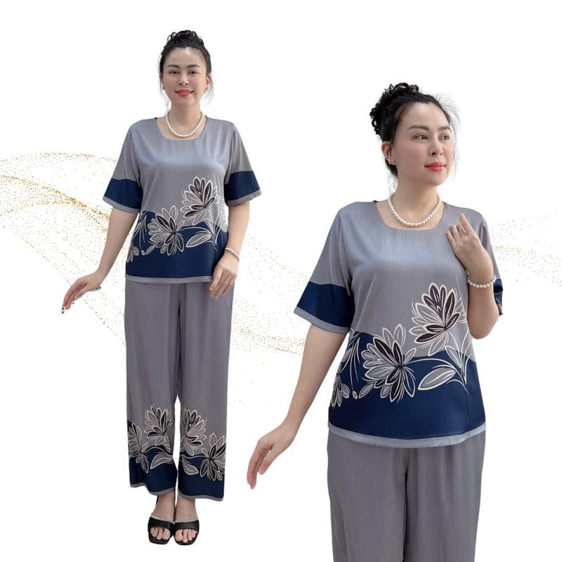  Y36 Đồ bộ trung niên lụa LATIN tay ngắn quần dài họa tiết hoa đồng tiền size M-L-2XL thoải mái mặc nhà hay ra phố nữ Women Thun 