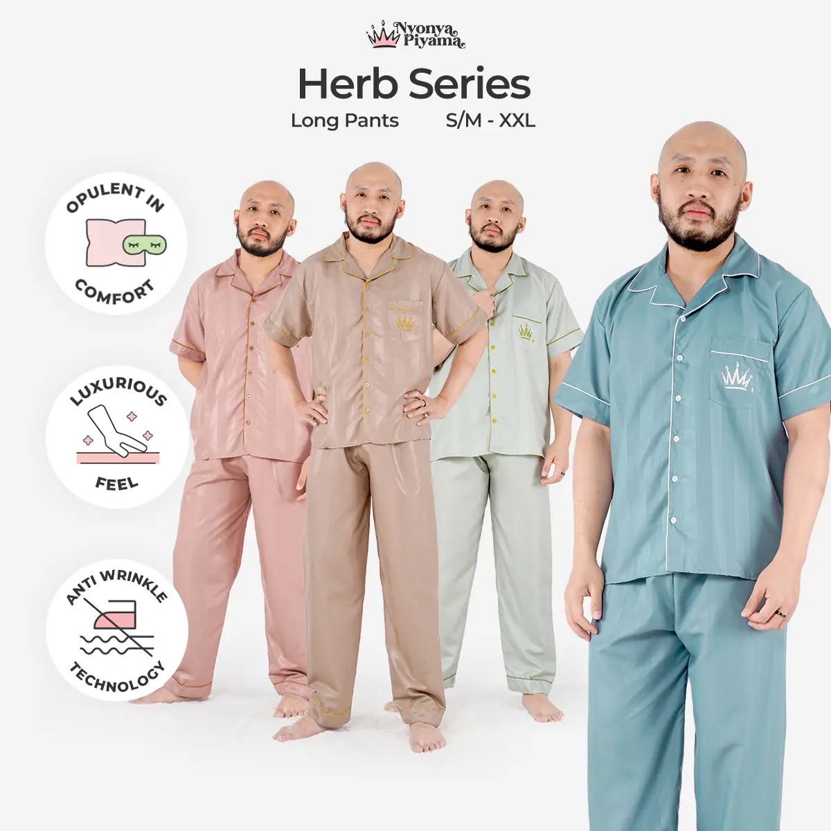 [BEST SELLER] Nyonya Piyama Poly Bamboo Set Piyama Celana Panjang Pria (Polos Herb Series) Pendek Setelan Tidur  Dewasa  Cowok Polos Musim dingin