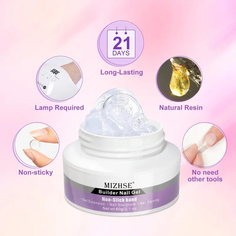 MIZHSE 60g Builder Nail Gels Nail Kit Clear Non-Stick Hand Nail Extension Gel with Nail Pen, Silicone Forms, 36 Nail Tips for Beginners & Salon Professionals Soak off UV/LED 1