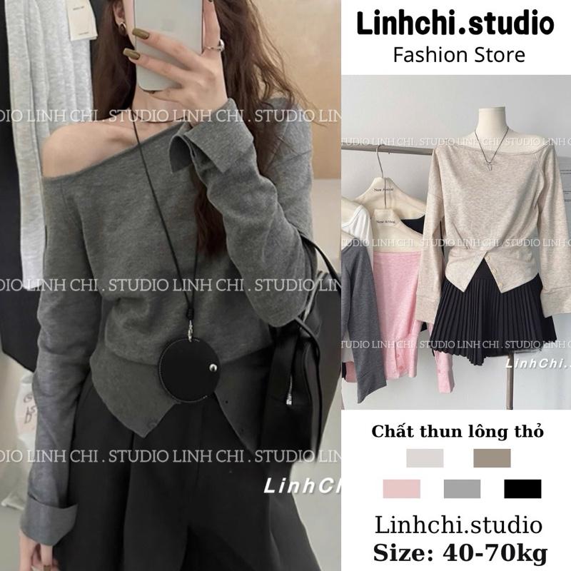 Áo mã 795 chất thun lông thỏ lệch vai dài tay bo gấu mùa thu đông co giãn nhẹ_Linhchi.studio