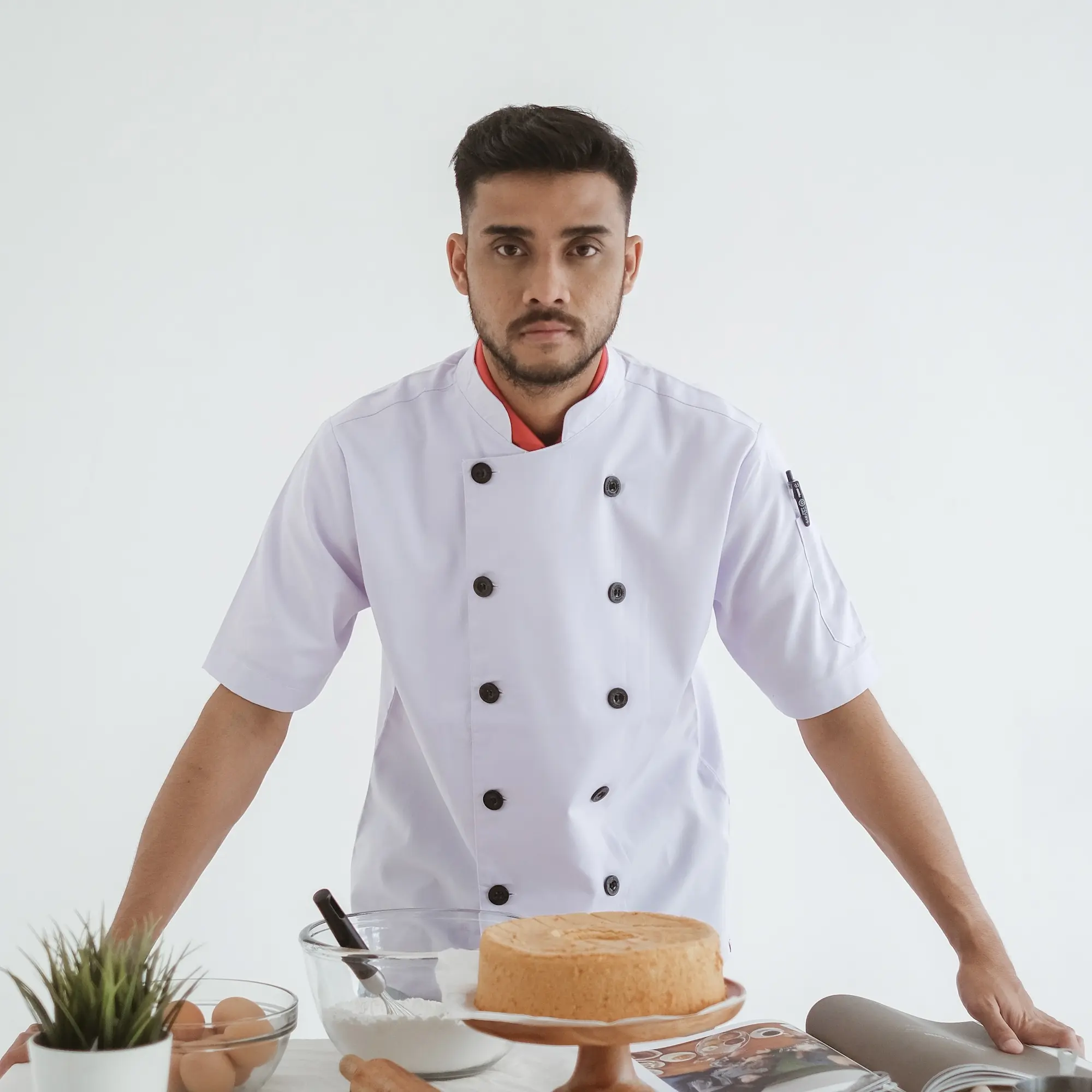Simple Series Short Sleeve Chef Jacket - White with Black Detail