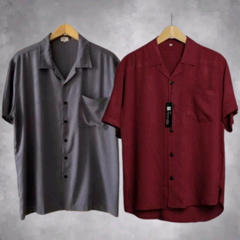 Paket Kemeja 2Pcs Harga 60Rbuan KEMEJA HAWAI POLOS V-Neck baju atasan oversize katun pria Surfing Distro Cowok Dewasa Pendek Casual Keren 1