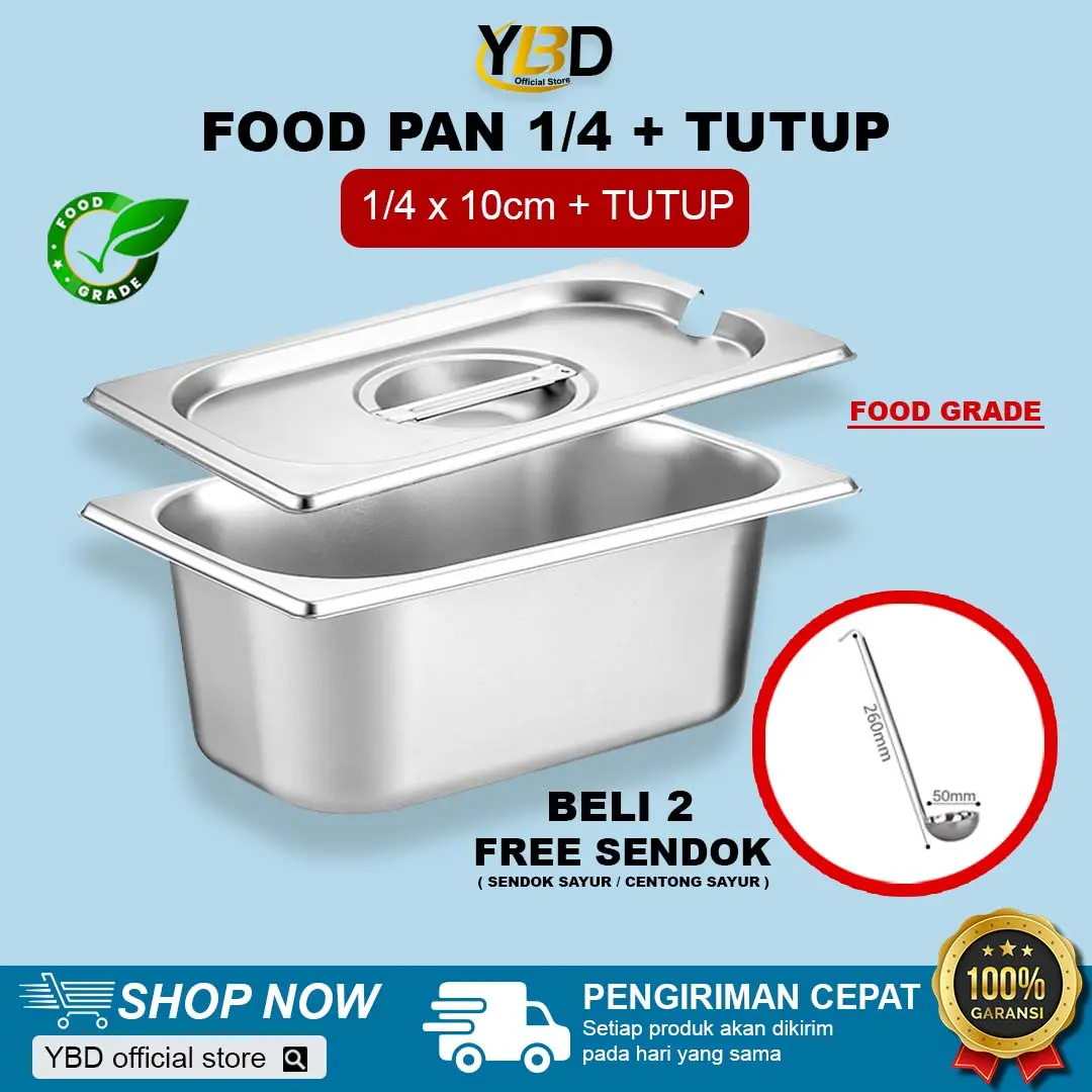 Wadah makanan / Food Pan Stainless+Tutup Lubang 1/4x10cm (26,5 x 16,2 x 10cm)  | Wadah food pan stainless satu set | Food pan Anti karat dan panci tahan bakar / Tempat makanan stainless Steel