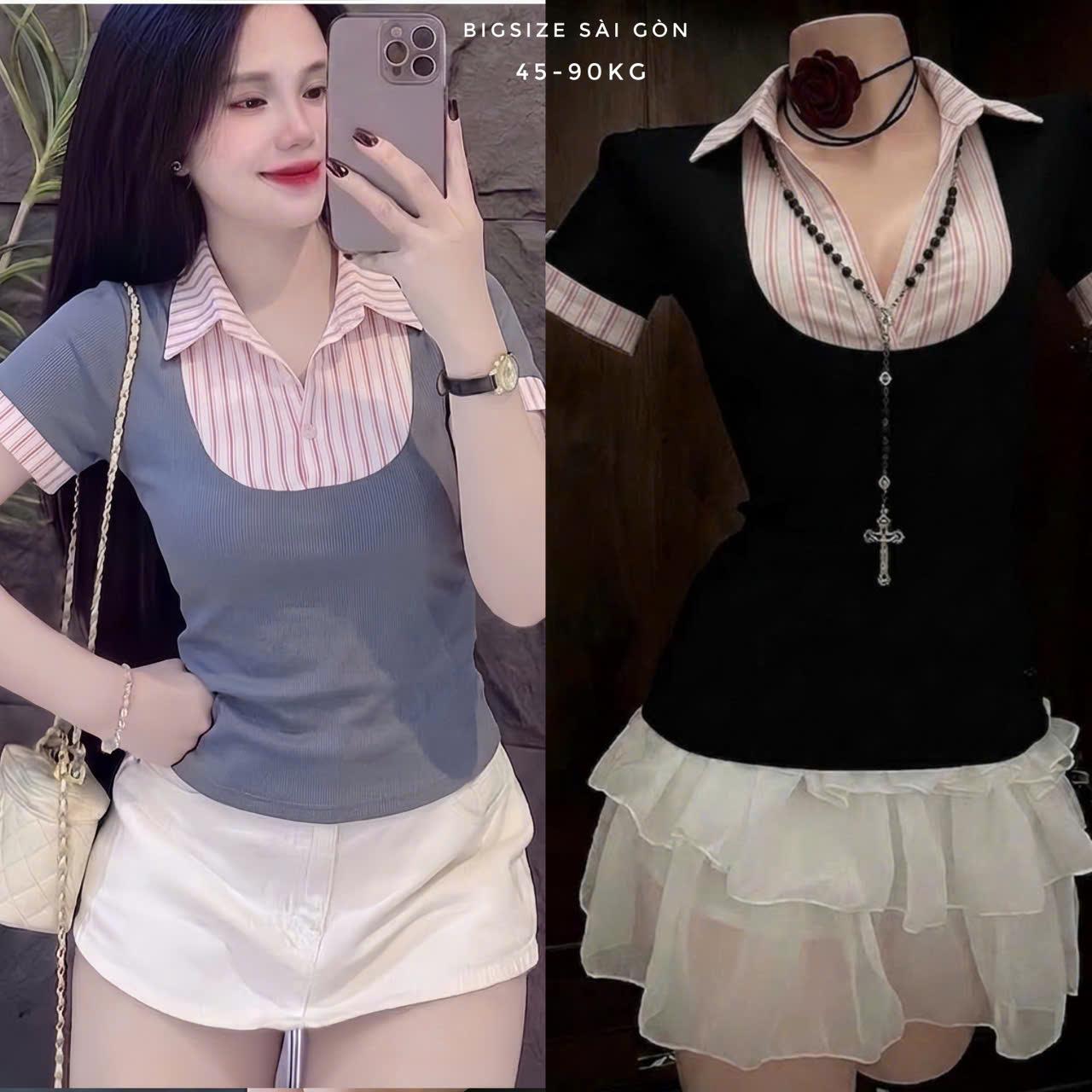 Thời Trang Bigsize Áo Thun Polo Phối Sọc Cotton Cao Cấp Thanh Lịch Vải Thun Gân Tăm Bigsize Từ 45 - 90Kg Dễ Thương Top Nữ Women - B.1773