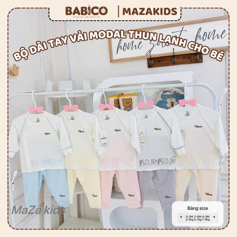 Bộ Quần Áo Dài Tay Sơ Sinh Vải Modal Thun Lạnh MAZAKIDS Phối Áo Trắng Quần Màu Cúc Bấm Mềm Mại Cho Bé từ 3-8.5kg