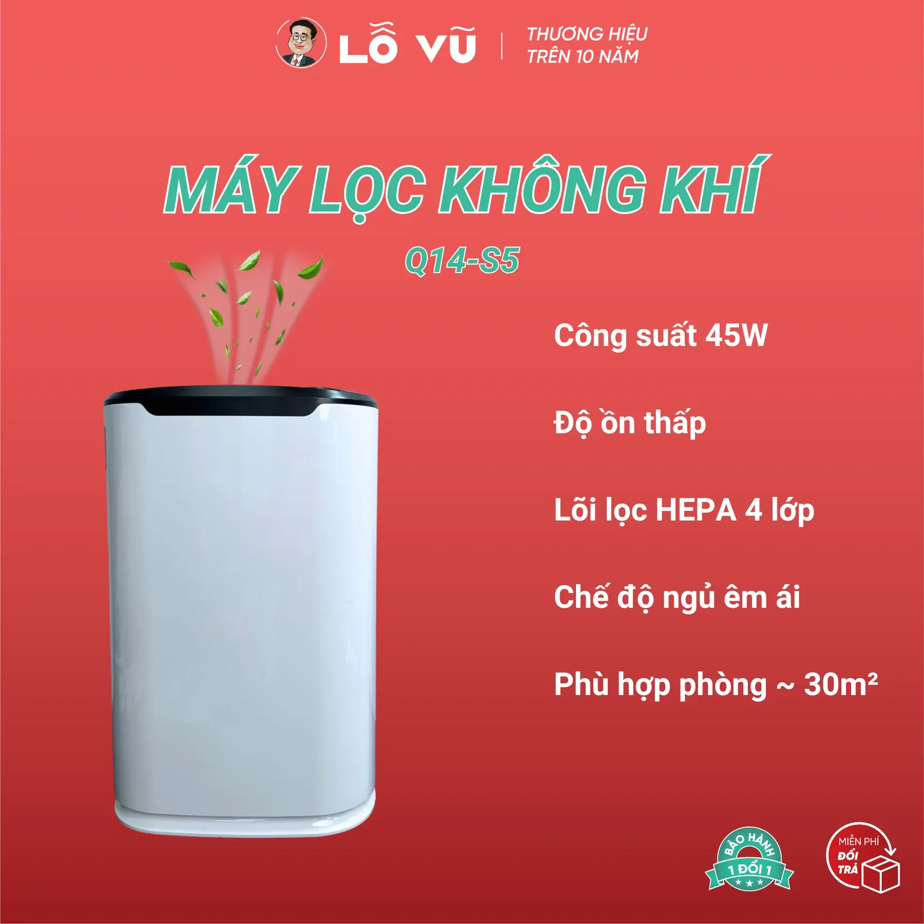 LV Máy lọc không khí SkyW Q14, Lõi lọc 4 lớp, Độ ồn thấp chạy êm, Chế độ ngủ, Phù hợp phòng 30m2, Màn hình cảm ứng, Làm sạch không khí bụi mịn chống vi khuẩn, Bảo hành lỗi 1 đổi 1