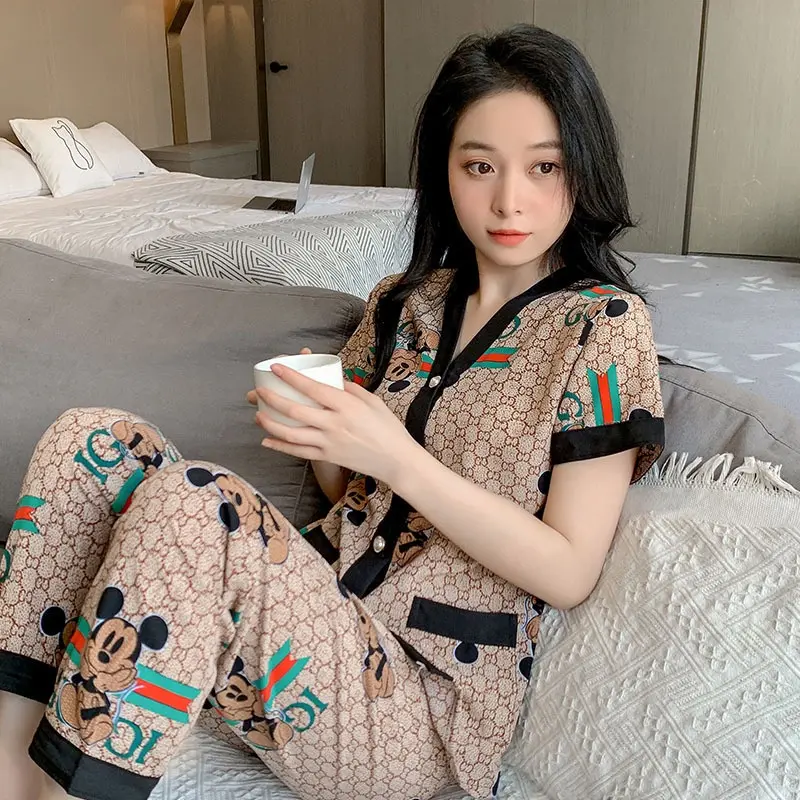 Piyama Wanita Dewasa Model Kancing Depan Mewah Lengan Pendek Celana Panjang Import High Quality Sleepwear 2