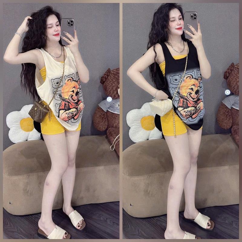 SÉT BỘ NỮ 3 MÓN (KÈM ÁO ỐNG )MÙA HÈ THUN TĂM LẠNH IN GẤU VÀNG POOH  ĐEN TRẮNG FROM CO GIÃN ,THOẢI MÁI