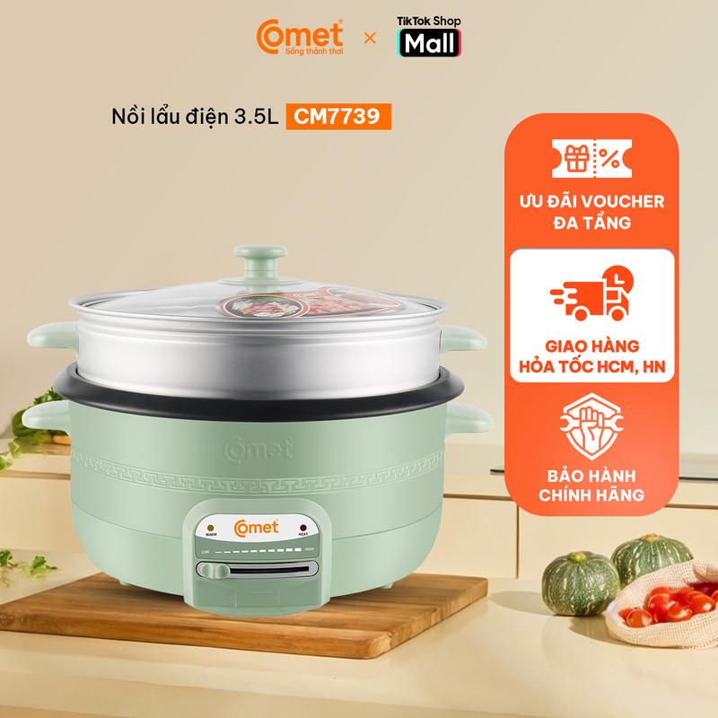 Nồi lẩu điện 3.5L kèm xửng hấp lòng nồi tráng chống dính màu xanh bơ COMET - CM7739