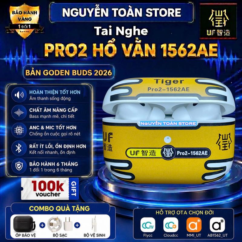 Tai Nghe Hổ Vằn PRO2 1562AE, Bản Cao Cấp GOLDEN BUDS UF 2026, Có Popup Chống Ồn Chủ Động 45db, Cảm Biến Hồng Ngoại, Cảm ứng Lực, Âm Thanh Không Gian, Micro Khử ồn ENC, Bluetooth 5.3 Nhét Tai, Kem, Tặng Ốp + Bộ Sạc 5V-1A+ Bộ Vệ Sinh Earphone