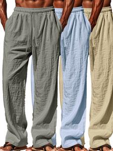 Paquete de 3 pantalones casuales de lino ligeros para verano para hombre: pantalones holgados de pierna recta y pierna ancha, color sólido, transpirables, con cintura ajustable, largos.