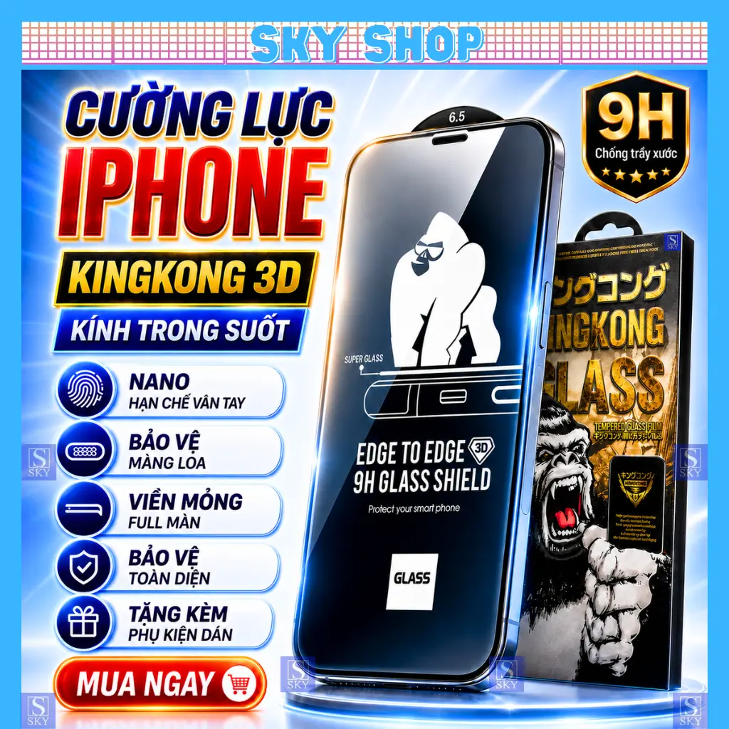 Kính cường lực iPhone KingKong 3D cho 11 pro max 12 pro max 13 promax 14 pro max 15 pro max 7 plus 8 plus 6 6s 16 Pro Max 17 ProMax 17 Air Full Màn siêu bền siêu mượt.
