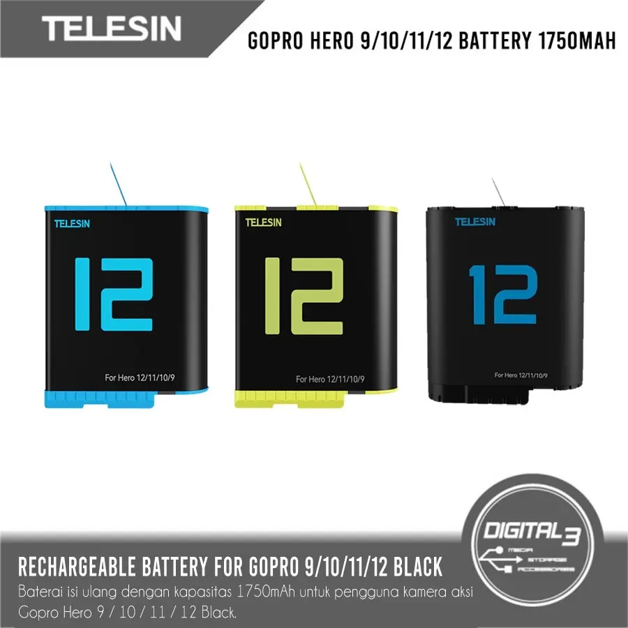 Telesin Rechargeable Battery GoPro Hero 9 10 11 Black 1750mAh Baterai