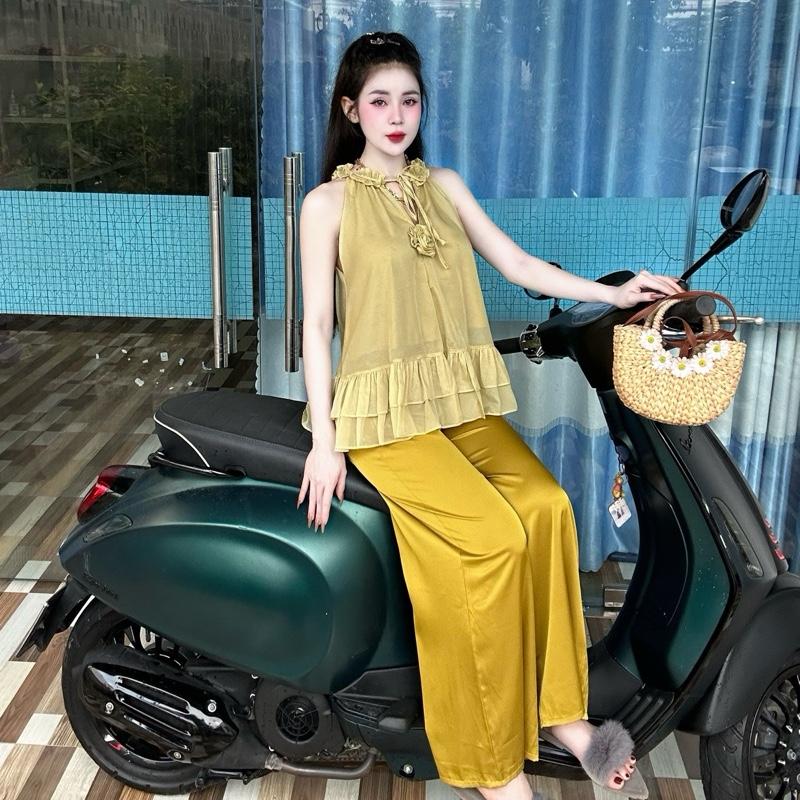 Yếm voan tơ hot girl Set bộ quần áo voan tơ bông hồng yếm bông hồng TY2193 Thư Ying