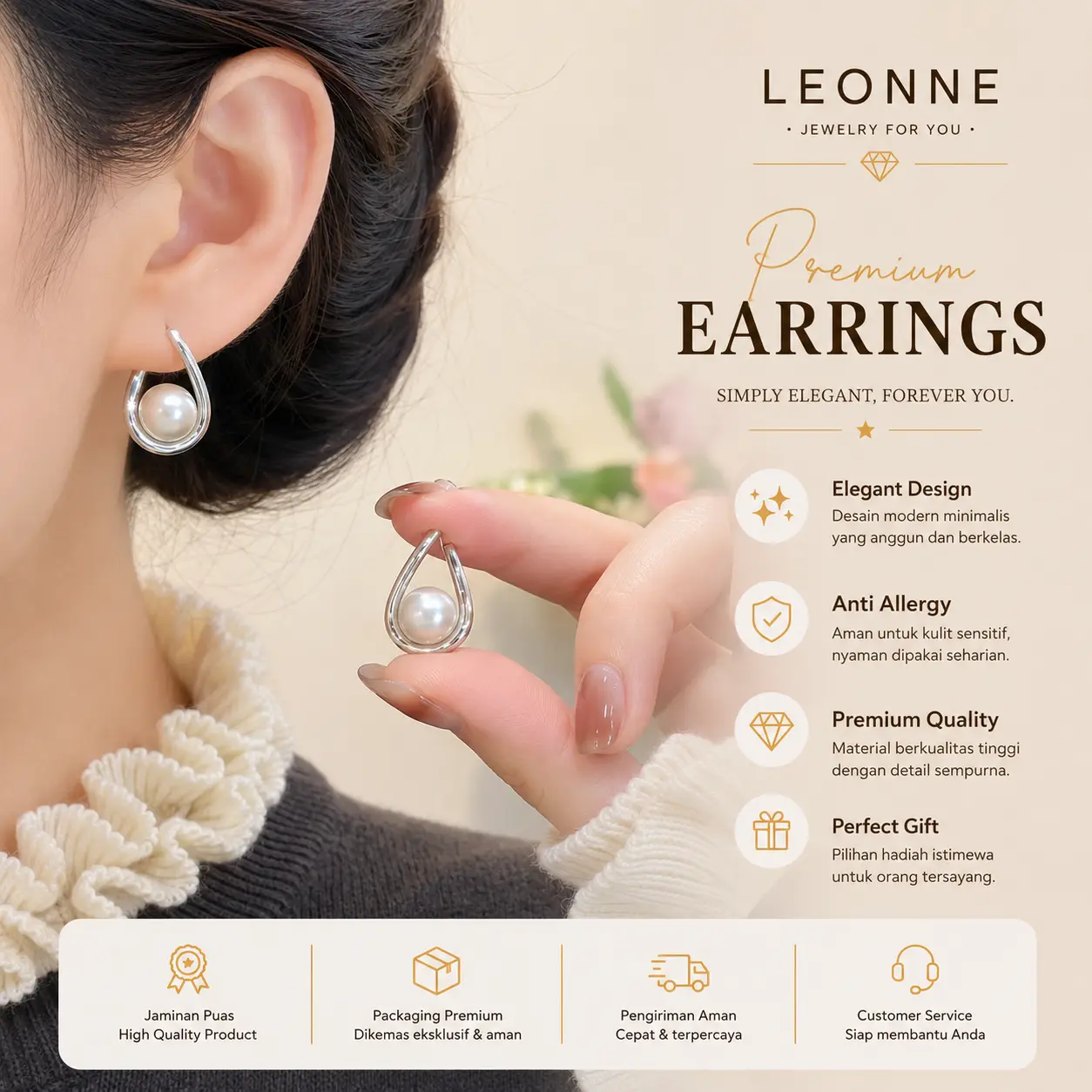 LEONNE Anting Mutiara Tetes Air Premium Pearl Drop Earrings Korea Elegan Anti Alergi A91