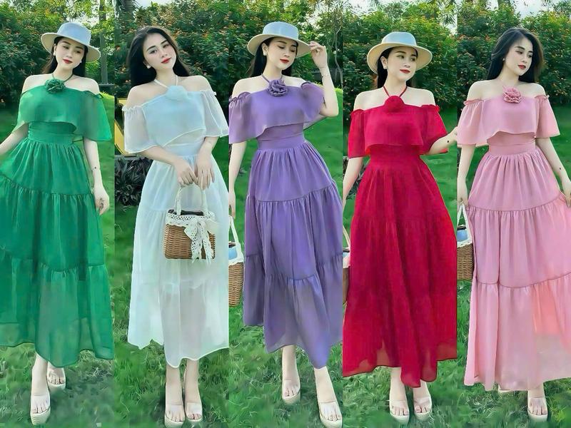  Đầm váy nữ lụa thiết kế trễ vai dây côt cổ đín bông nhún tần  có mút ngực   dáng xòe dài xinh xắn dành cho các nàng diện đi chơi đi tiệc 