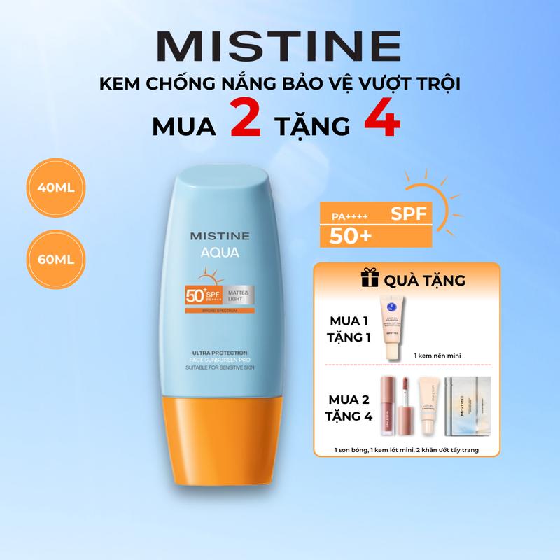 Kem Chống Nắng Thoáng Mịn Da MISTINE SPF50+ PA++++ Mua 1 tặng 1 Kem nền mini Mua 2 tặng 4 1 Son bóng 1 Kem lót mini 3 Khăn tẩy trang