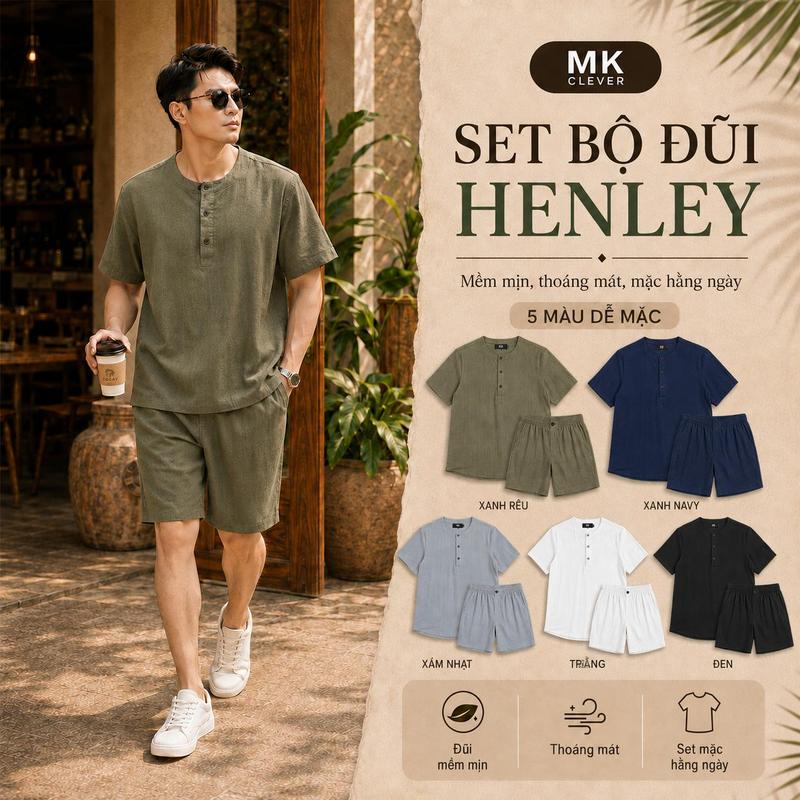Set Bộ Áo đũi Henley, Quần short đũi line MK Clever , Chất Liệu Đũi Mát, Mềm Mịn Tay ngắn Menswear Áo Quần