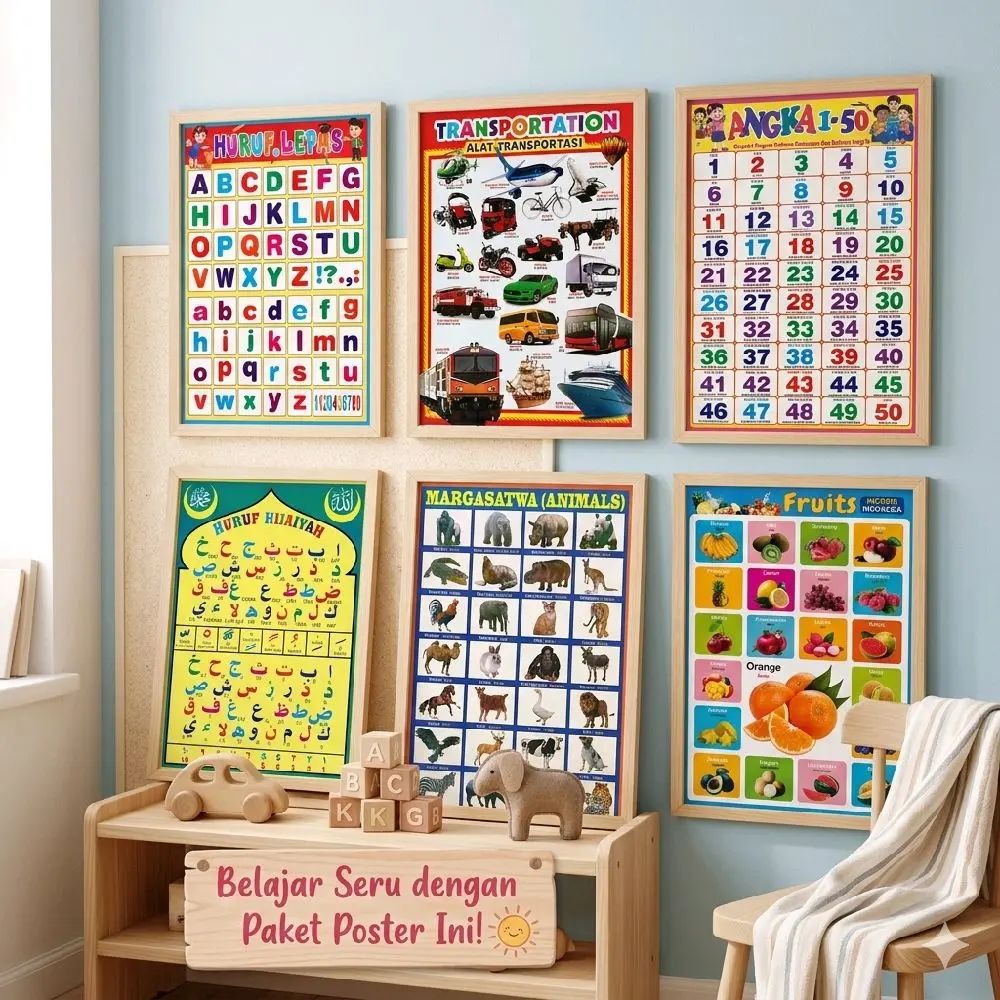 Paket 6 Lembar Poster Edukasi Anak - Belajar Seru dengan Poster ABC, Transportasi, Angka 1-50, Hewan, dan Buah-buahan