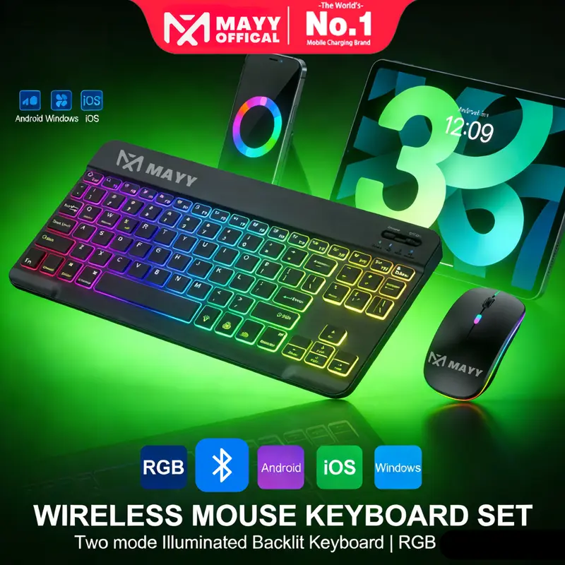 【READY】 10 Inch Backlit Backlight  Wireless Keyboard And Mouse LED Colorful Bluetooth Keyboard For iPad Laptop Android iPhone