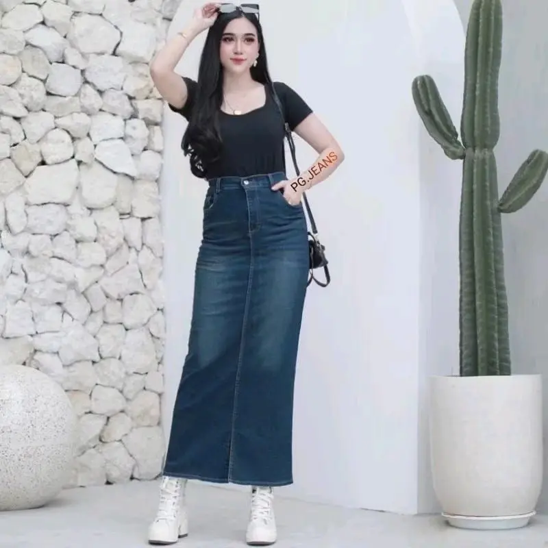 Rok Span Jeans Skirt Cessa Panjang Wanita Kancing Karet - Hitam - Dewasa, Casual, Cewek, Linen Stretch