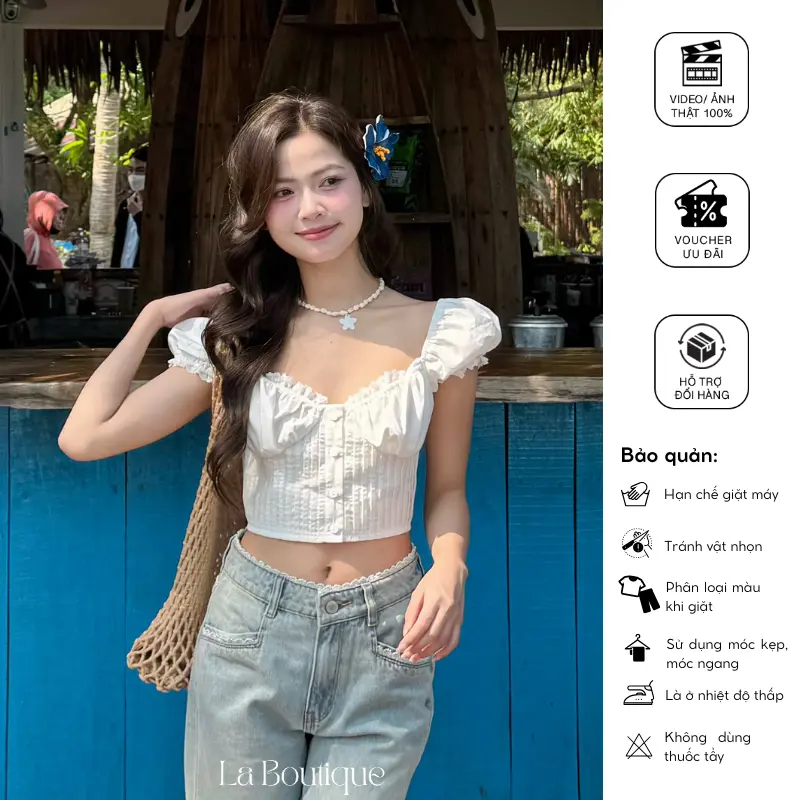 Áo croptop kiểu tay phồng mini La Boutique viền ren nữ tính dễ thương Trắng
