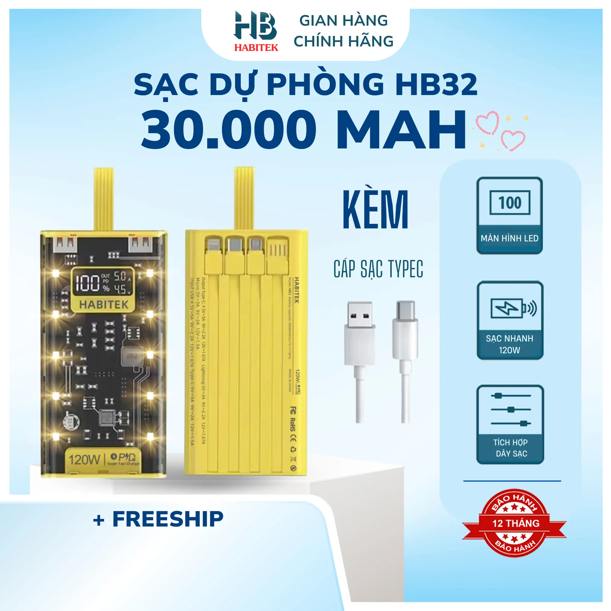 [Sạc Siêu Nhanh] Sạc Dự Phòng Hb32 30.000Mah, Sạc Nhanh Pd 66W/20W, Thiết Kế Trong Suốt, Có Đồng Hồ Hiển Thị %Pin, Hiệu Điện Thế U(V), Cường Độ Dòng Điện (Ampe) Có Đèn Ngủ, Bảo Hành 12 Tháng Sạc Pin